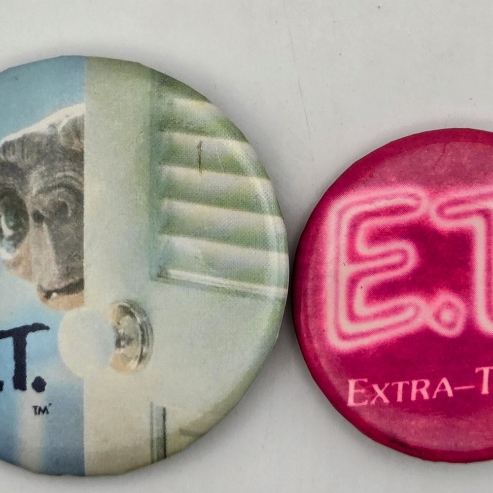 2 Vintage ET Pins, Extra-Tasty Movie Promotional Button & Sony Release Pin, Rare